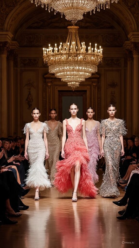 Models showcasing elegant feathered gowns on a grand runway under opulent chandeliers.