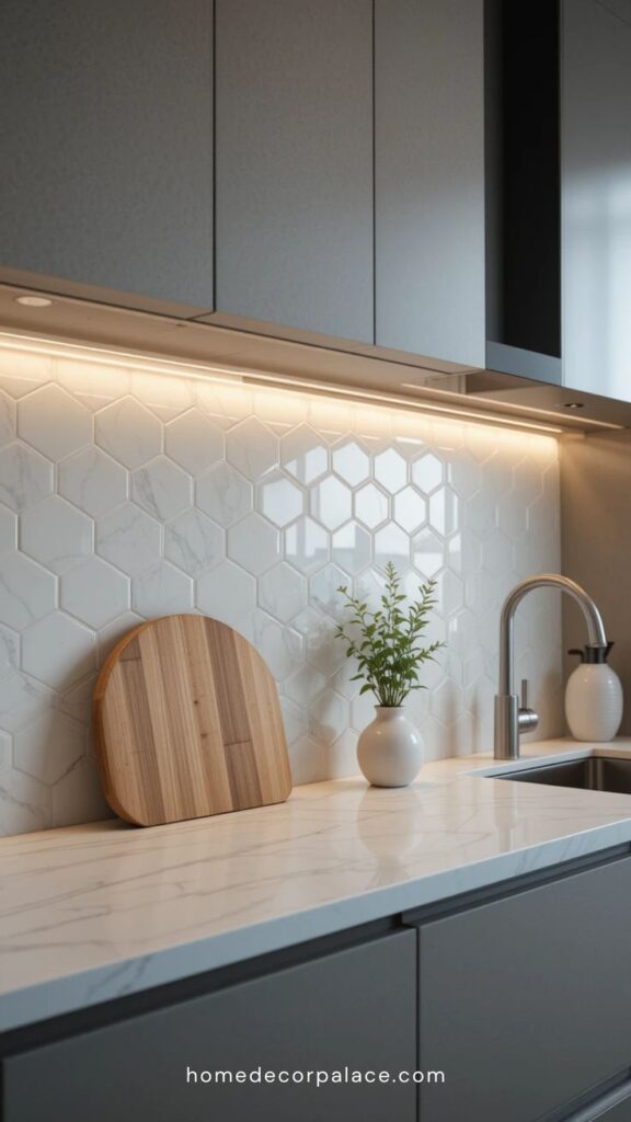 Modern kitchen with hexagonal backsplash, wooden cutting board, and potted plant on marble countertop.