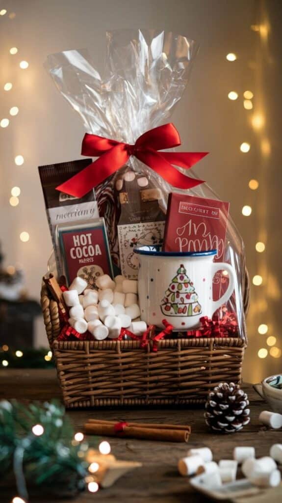 Cheap Christmas Gift Basket Ideas for Mom Shell Love Gift basket with hot cocoa, marshmallows, and a mug, wrapped with festive lights and a red ribbon. | Sky Rye Design Gift basket with hot cocoa, marshmallows, and a mug, wrapped with festive lights and a red ribbon.