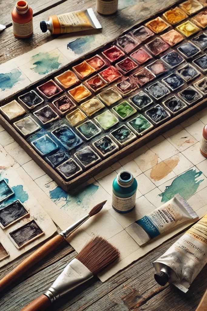 Cheapest Watercolor in the World Does Budget Paint Work_ Watercolor palette with paint tubes and brushes on a wooden table, ready for a creative art session. | Sky Rye Design Watercolor palette with paint tubes and brushes on a wooden table, ready for a creative art session.