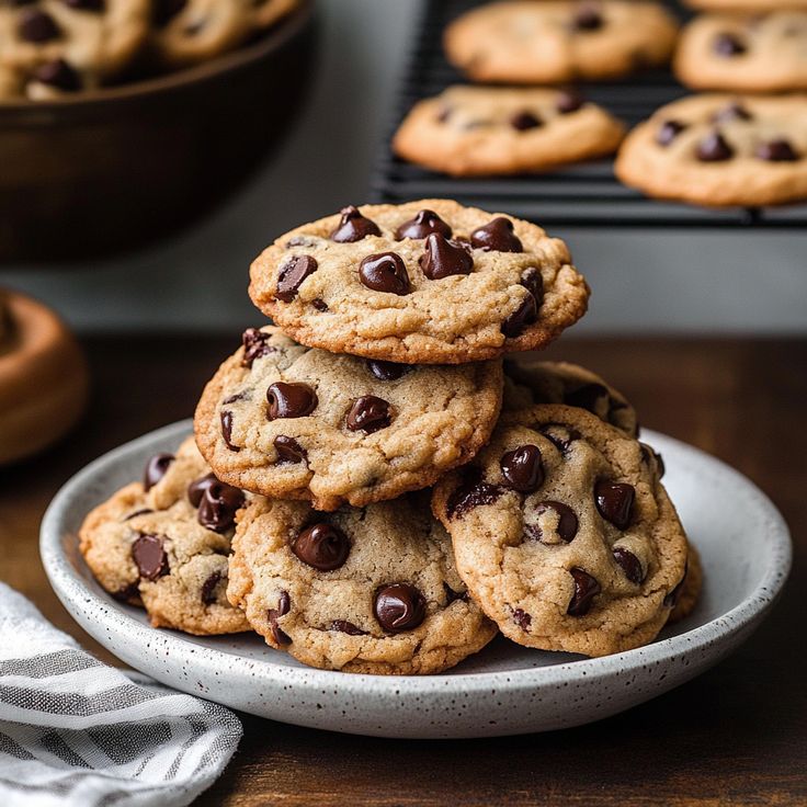 A stack of freshly baked chocolate chip cookies on a plate, with more cooling on a wire rack in the background.