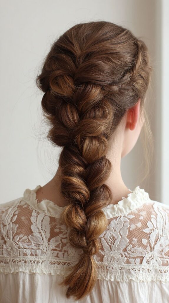 Elegant braided hairstyle on brown hair with lace-trimmed blouse, showcasing intricate plait details.
