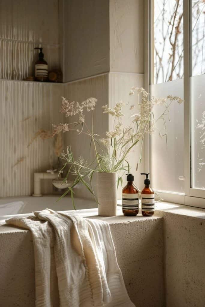 Cozy bathroom with sunlight, dried flowers in vase, and natural soap bottles on a ledge, creating a serene atmosphere.