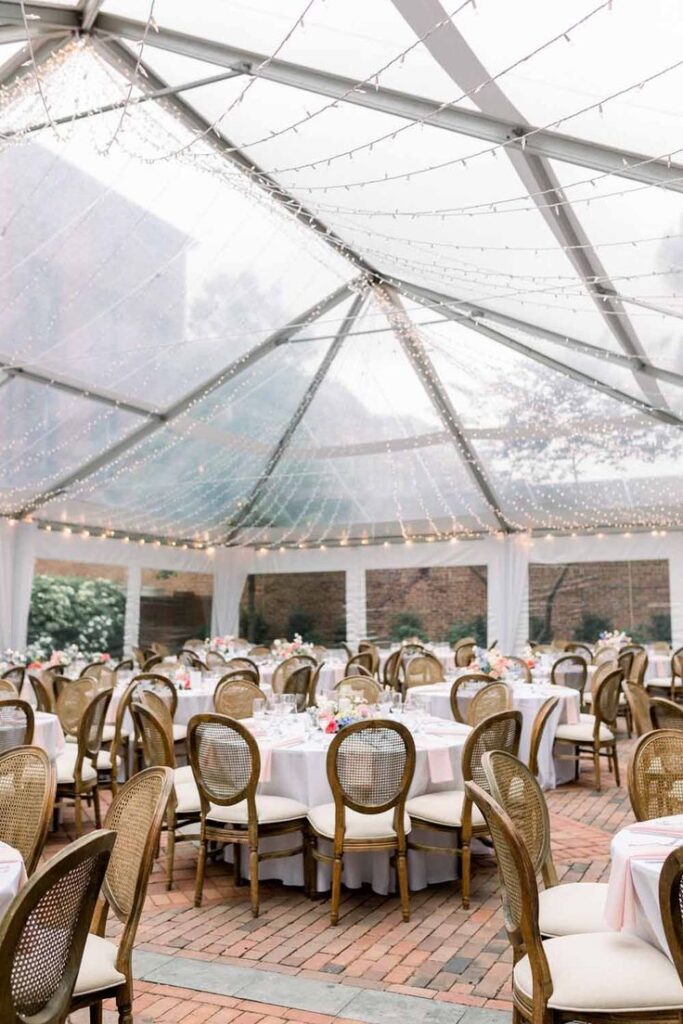 Elegant wedding reception setup with round tables, floral centerpieces, and string lights under a transparent tent.