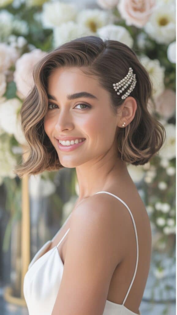 Smiling woman with wavy bob haircut and pearl hairpin, wearing a white dress, stands against a floral background.