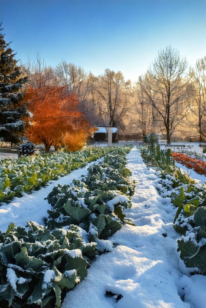 Snow-covered garden rows with vibrant autumn trees in a sunny winter landscape.