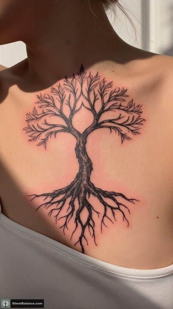 Chest tattoo of a tree with roots, symbolizing connection and growth, in black ink on a light-skinned person.
