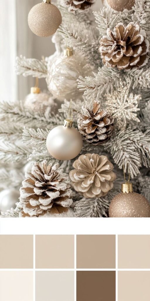 Christmas 2024 Trends Colors Elegant Christmas tree with beige ornaments, pinecones, and frosted branches, featuring a warm neutral color palette. | Sky Rye Design Elegant Christmas tree with beige ornaments, pinecones, and frosted branches, featuring a warm neutral color palette.