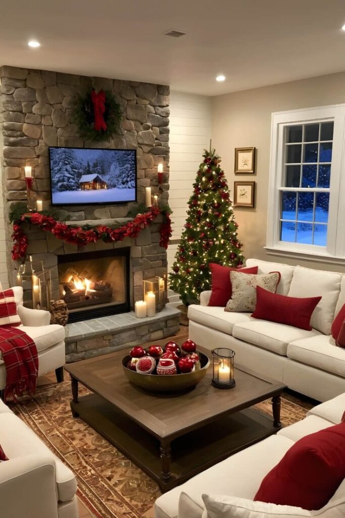 Cozy living room with Christmas tree, fireplace, and festive decorations, creating a warm holiday atmosphere.