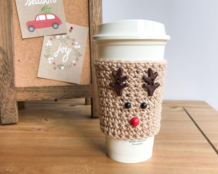 Christmas Coffee Cozy - Stocking Stuffer - Crochet Coffee Sleeve - Reindeer Cozy - Teacher Gift - Coffee Lover Gift - Reusable Coffee Sleeve - Etsy Crochet reindeer coffee cup cozy on a takeaway cup with holiday decor in the background. Festive and eco-friendly. | Sky Rye Design Crochet reindeer coffee cup cozy on a takeaway cup with holiday decor in the background. Festive and eco-friendly.