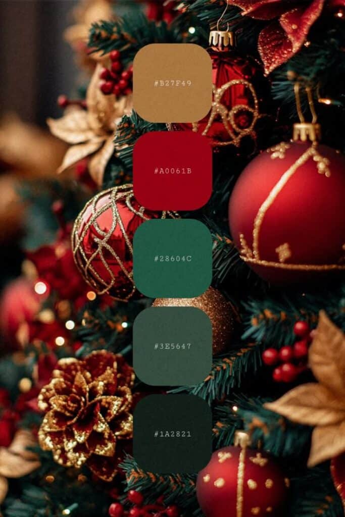 Christmas Color Palette _ Golden Classic Shades Christmas tree with red ornaments and color palette swatches: #B27F49, #A0061B, #28604C, #3E5647, #1A2821. | Sky Rye Design Christmas tree with red ornaments and color palette swatches: #B27F49, #A0061B, #28604C, #3E5647, #1A2821.