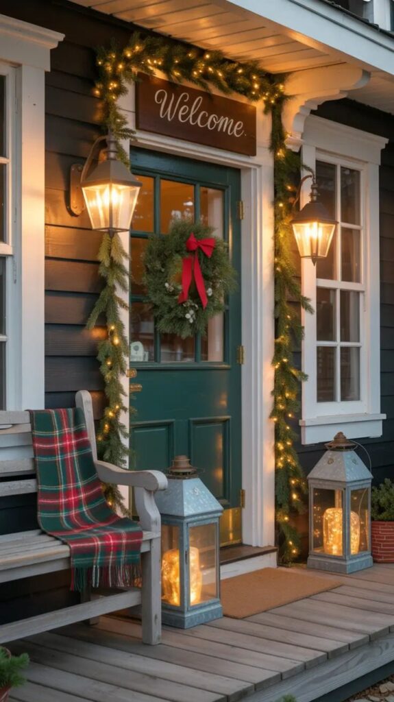 Christmas Decor Ideas 2025_ Front Porch Christmas Welcome Festive front porch with garlands, wreath, and lanterns around a green door, creating a welcoming holiday ambiance. | Sky Rye Design Festive front porch with garlands, wreath, and lanterns around a green door, creating a welcoming holiday ambiance.
