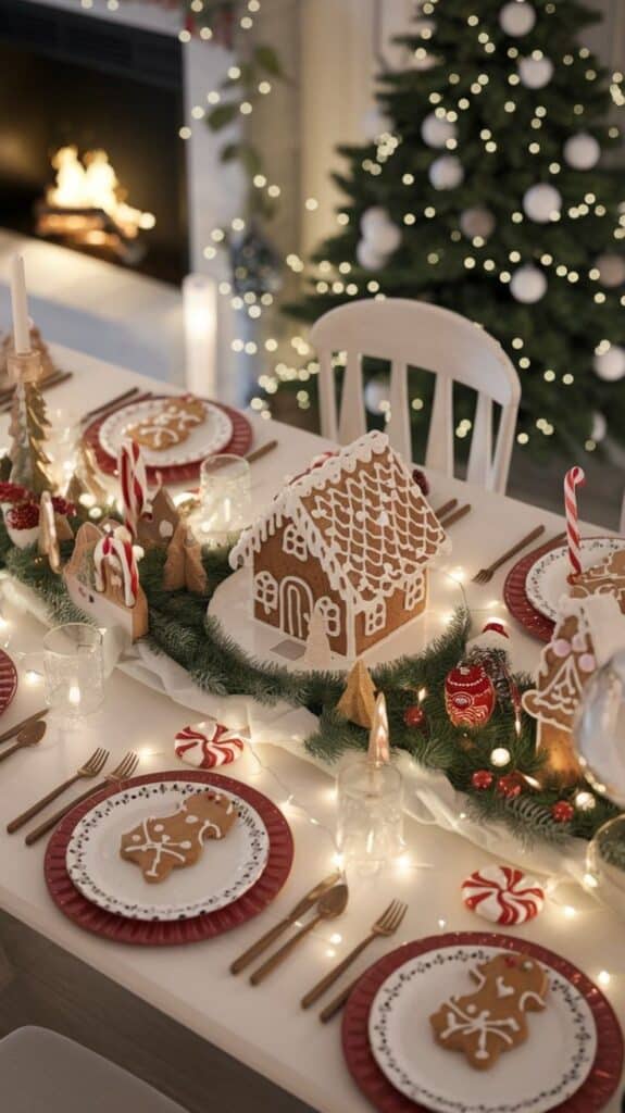 Festive holiday table with gingerbread house, Christmas tree, and cozy fireplace ambiance.