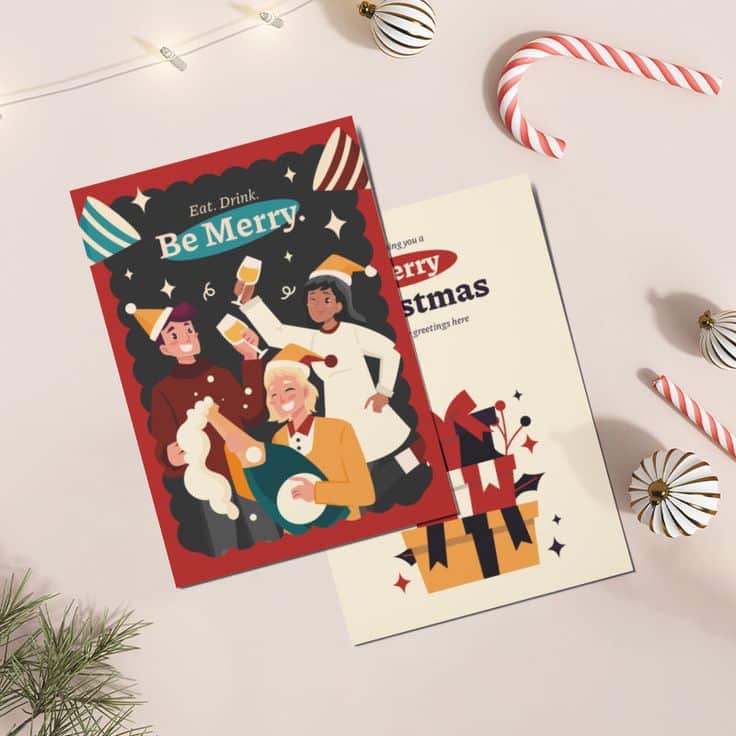 Festive Christmas cards on a table with candy canes and ornaments, featuring people celebrating with drinks.