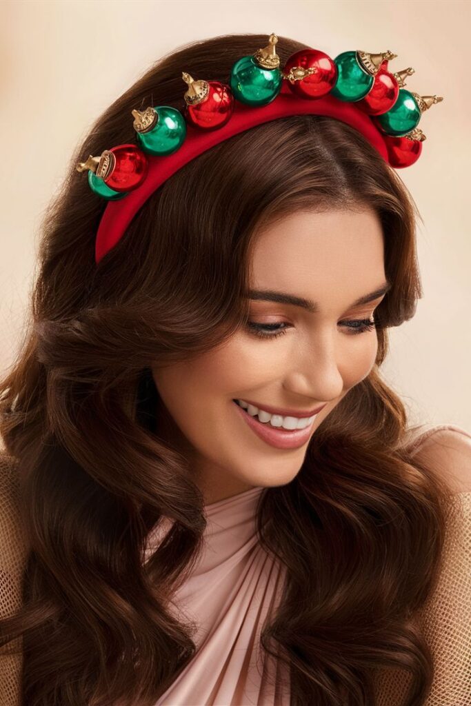 Christmas Hair Accessories_ Red and Green Ornament Headband Woman wearing a festive headband with red and green ornaments, smiling. | Sky Rye Design Woman wearing a festive headband with red and green ornaments, smiling.