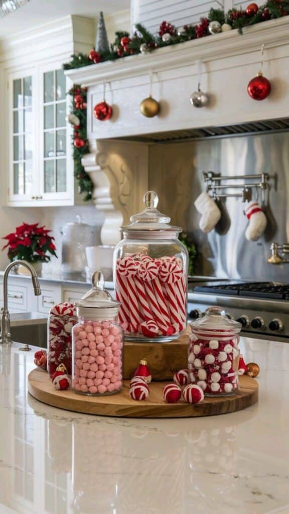 Christmas Kitchen Decor Ideas ✨🎄 Festive kitchen with Christmas candy jars, poinsettias, and holiday decor on a marble countertop for seasonal cheer. | Sky Rye Design Festive kitchen with Christmas candy jars, poinsettias, and holiday decor on a marble countertop for seasonal cheer.