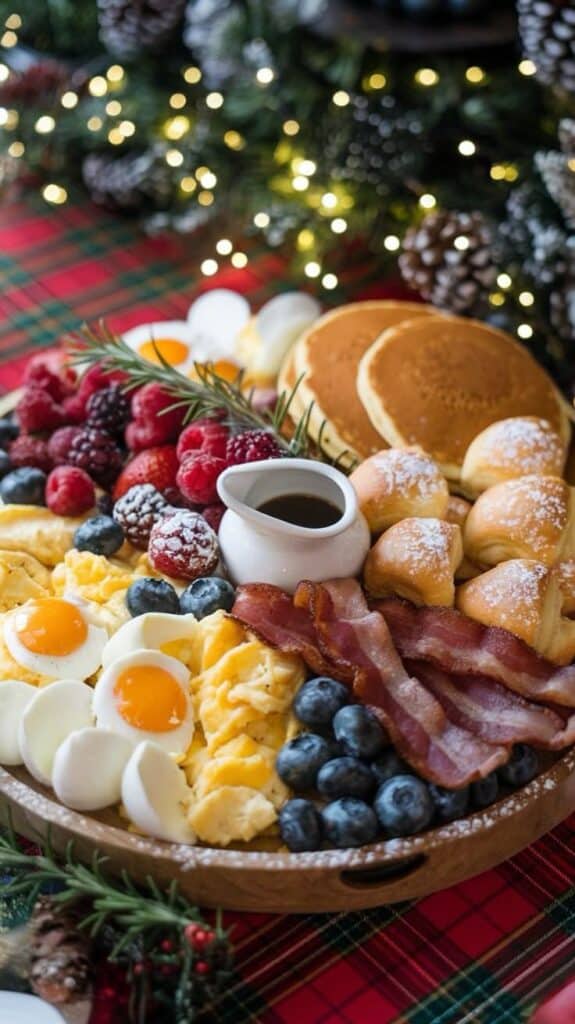 Festive breakfast platter with pancakes, eggs, bacon, berries, pastries, and syrup, surrounded by holiday decor.