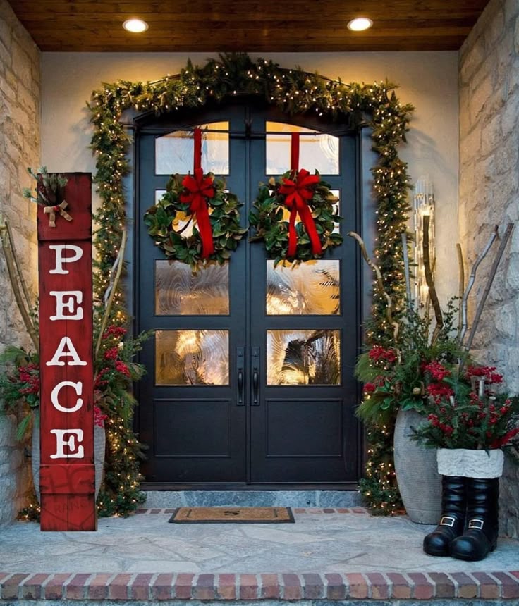Christmas PEACE Porch Sign 6FT Festive front porch with holiday wreaths, garland, and Peace sign, warmly illuminated for Christmas ambiance. | Sky Rye Design Festive front porch with holiday wreaths, garland, and Peace sign, warmly illuminated for Christmas ambiance.