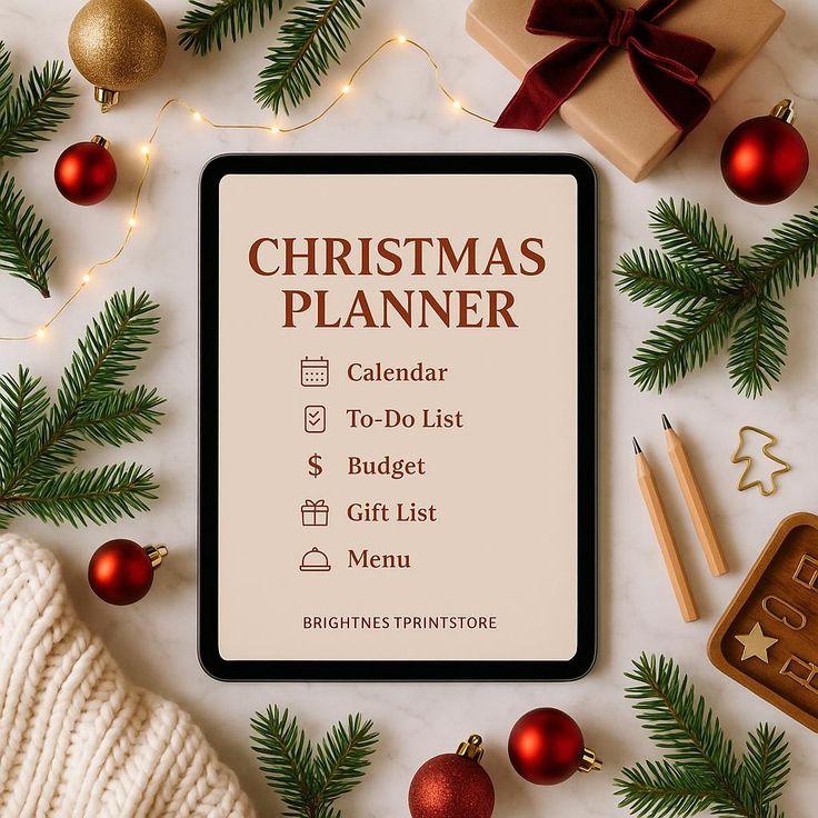 Christmas Planner 2025_ 31 Days Holiday Organizer Digital PDF Christmas planner on tablet, surrounded by festive ornaments, pine branches, gift box, and notebooks. Perfect for holiday organization. | Sky Rye Design Christmas planner on tablet, surrounded by festive ornaments, pine branches, gift box, and notebooks. Perfect for holiday organization.