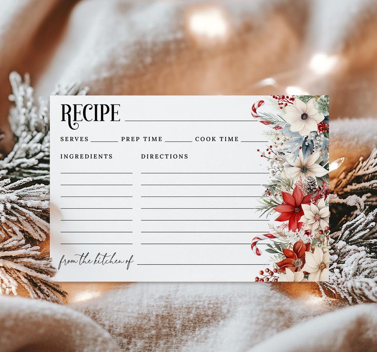 Festive recipe card with floral design, blank fields for prep, cook time, ingredients, and directions on cozy background.