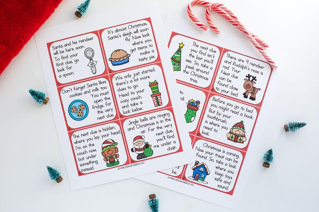 Printable Christmas scavenger hunt clues with festive illustrations and candy canes, perfect for holiday fun.
