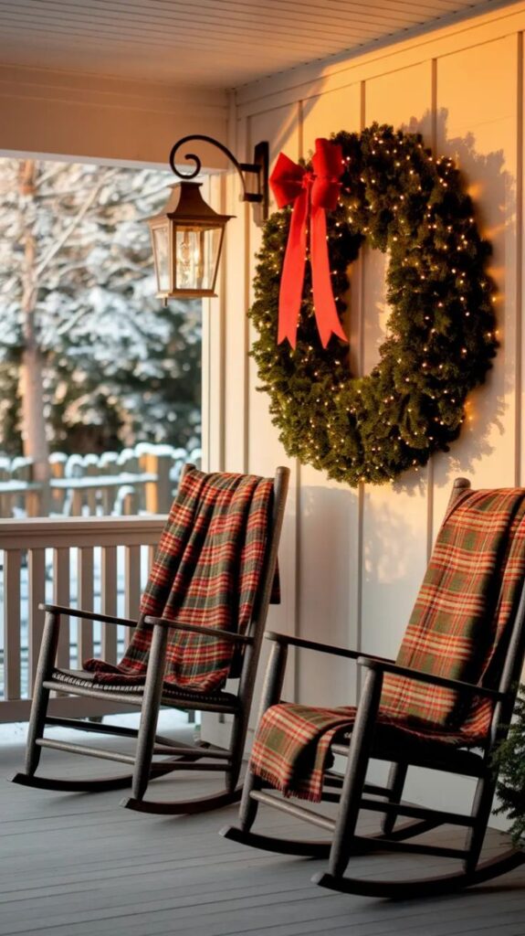 Christmas Wreaths Ideas 2025_ DIY Rustic and Modern Holiday Inspiration Cozy winter porch with plaid rocking chairs, festive wreath with red bow and warm lantern light. | Sky Rye Design Cozy winter porch with plaid rocking chairs, festive wreath with red bow and warm lantern light.