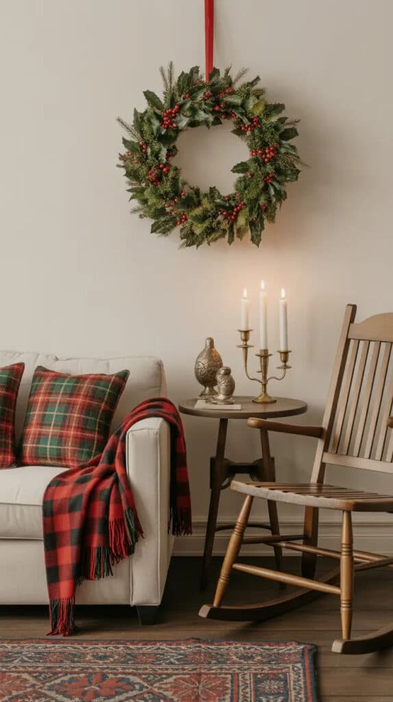 Christmas Wreaths Ideas 2025_ Traditional Holly And Berry Wreaths Cozy holiday living room with festive wreath, plaid accents, and candlelit warmth. Perfect for a Christmas ambiance. | Sky Rye Design Cozy holiday living room with festive wreath, plaid accents, and candlelit warmth. Perfect for a Christmas ambiance.