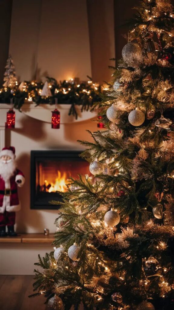 Christmas decoration Festive Christmas tree adorned with silver baubles next to a cozy fireplace and Santa decoration. | Sky Rye Design Festive Christmas tree adorned with silver baubles next to a cozy fireplace and Santa decoration.