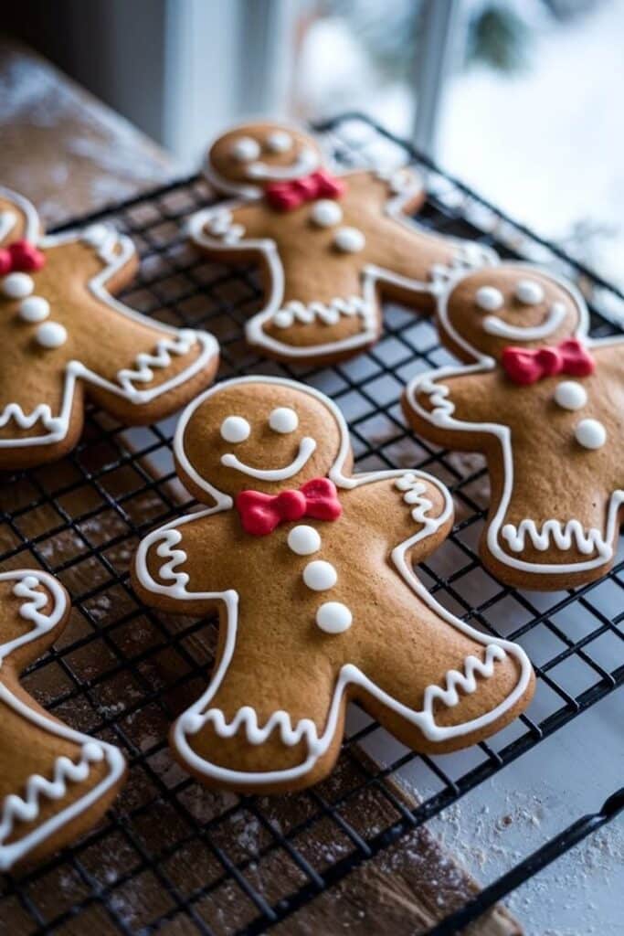 Gingerbread cookies with red bow ties on a cooling rack, perfect for Christmas treats and festive baking.