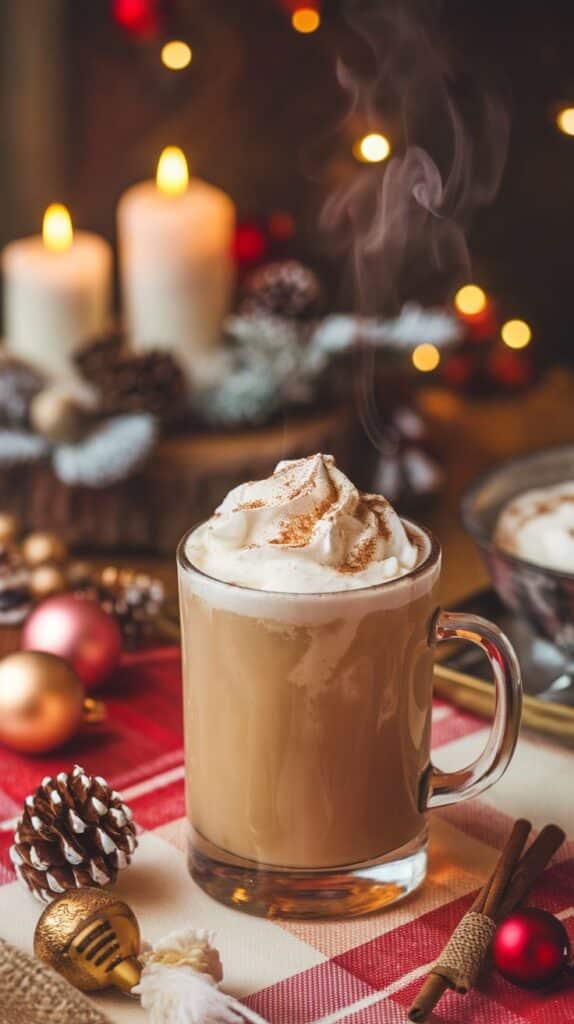 Warm latte topped with whipped cream, surrounded by festive candles and Christmas decorations.