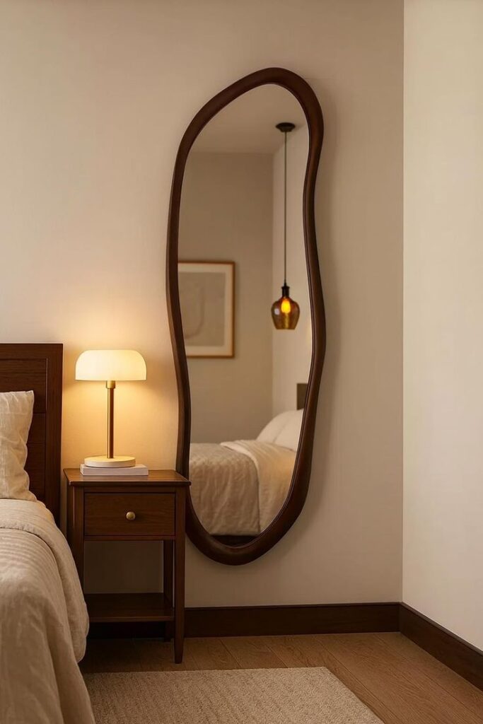 Cozy bedroom with modern decor, featuring a unique mirror, wooden nightstand, and stylish lamp.