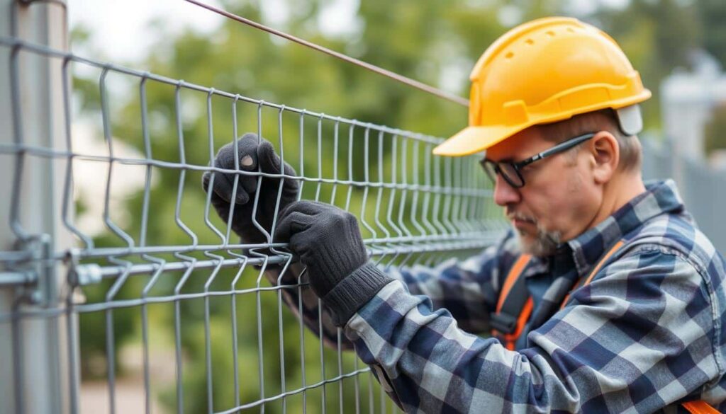 Clearview-fencing-prices-Cape-Town Construction worker installing a metal fence outdoors, wearing a hard hat and gloves for safety. | Sky Rye Design Construction worker installing a metal fence outdoors, wearing a hard hat and gloves for safety.