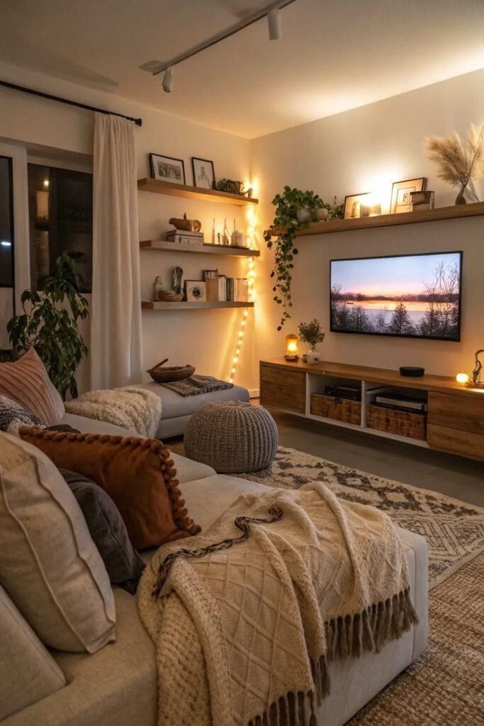 Cozy living room with ambient lighting, stylish shelves, plants, and wall-mounted TV showing a sunset.