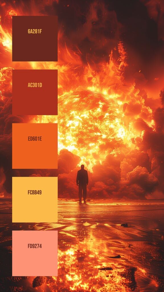 Person silhouetted against fiery sky with vibrant orange, red, and yellow color palette and hex codes displayed.