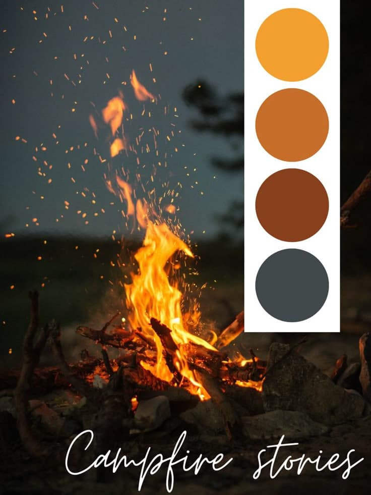 Warm campfire with sparks in night setting, color palette to the right, text reads Campfire stories.