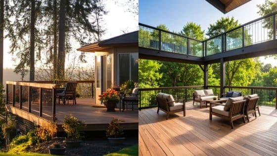 Composite Decking Pros and Cons The Guide to Sustainable Materials Modern outdoor deck with cozy seating, surrounded by lush trees and natural sunlight. Ideal for relaxation and gatherings. | Sky Rye Design Modern outdoor deck with cozy seating, surrounded by lush trees and natural sunlight. Ideal for relaxation and gatherings.