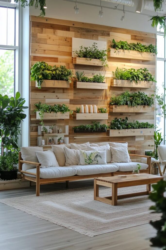 Cool Eco-Friendly Home Design Ideas Today Cozy living room with vertical plant wall, wooden sofa, cushions, and coffee table by large windows. | Sky Rye Design Cozy living room with vertical plant wall, wooden sofa, cushions, and coffee table by large windows.