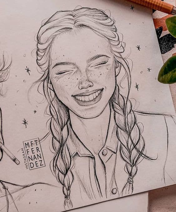 Smiling girl with braided hair, eyes closed, in detailed pencil drawing. Art by MF Fernandez, surrounded by stars.
