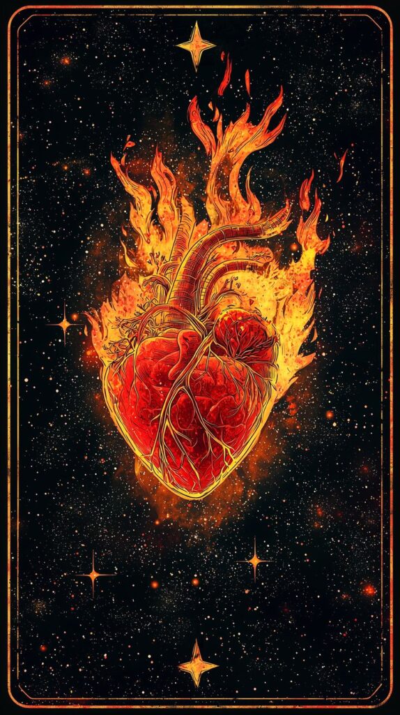 Burning anatomical heart in space, surrounded by stars, symbolizing passion and cosmic energy.