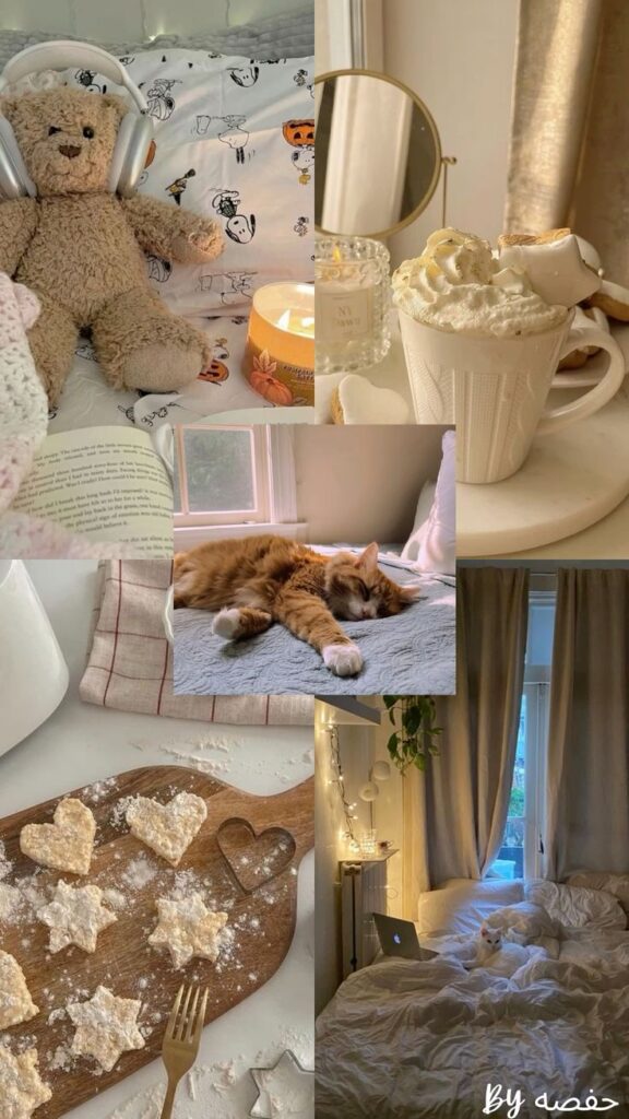Cosy aesthetic wallpaper Cozy bedroom collage with teddy bear, sleepy cat, hot cocoa, cookies, and fairy lights for a warm, relaxing atmosphere. | Sky Rye Design Cozy bedroom collage with teddy bear, sleepy cat, hot cocoa, cookies, and fairy lights for a warm, relaxing atmosphere.