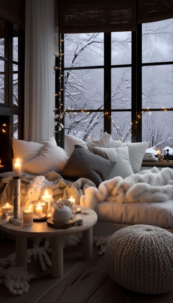 Cosy winter living room Cozy winter nook with candles, blankets, and snowy window view, creating a warm, relaxing atmosphere. | Sky Rye Design Cozy winter nook with candles, blankets, and snowy window view, creating a warm, relaxing atmosphere.