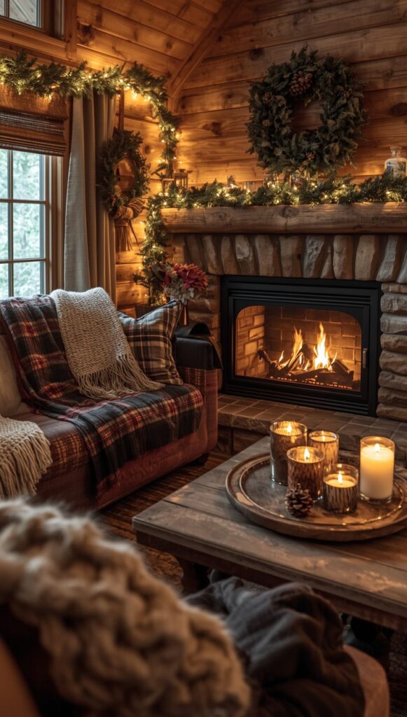 Cozy rustic living room with a lit fireplace, plaid sofa, candles, and festive garlands creating a warm holiday atmosphere.