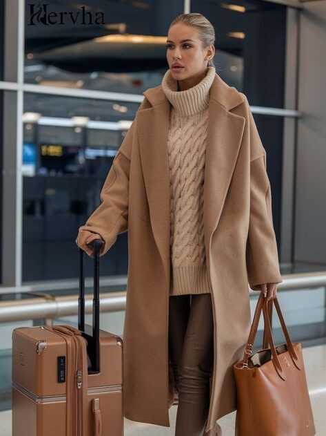Cozy Chic_ Winter Outfit Ideas to Stay Stylish Stylish traveler in a beige coat with suitcase and handbag at the airport terminal. | Sky Rye Design Stylish traveler in a beige coat with suitcase and handbag at the airport terminal.