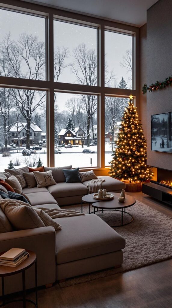 Cozy Christmas Living Room Snowy View Cozy living room with Christmas tree and large windows overlooking snowy suburban landscape. | Sky Rye Design Cozy living room with Christmas tree and large windows overlooking snowy suburban landscape.