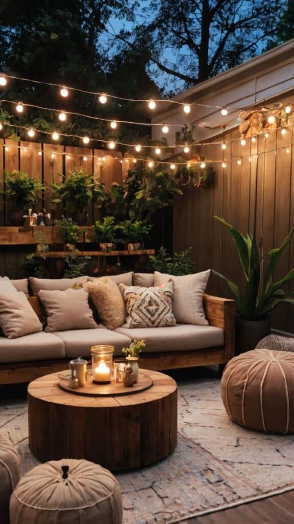 Cozy patio setup with string lights, cushions, plants, and candles on a wooden table for relaxing evenings.