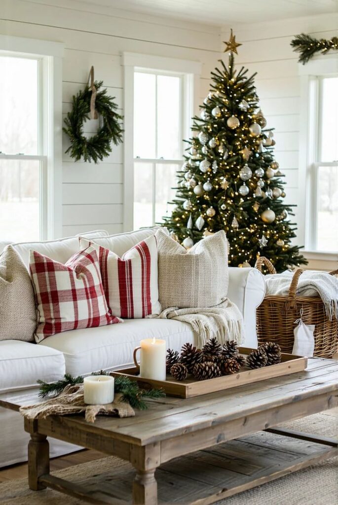 Cozy Farmhouse Christmas Living Room with Red Ticking Stripe Pillows Cozy living room with white couch, plaid pillows, decorated Christmas tree, candles, and pinecones on wooden table. | Sky Rye Design Cozy living room with white couch, plaid pillows, decorated Christmas tree, candles, and pinecones on wooden table.