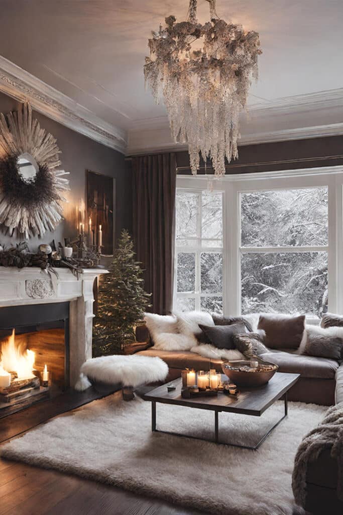 Cozy Hygge Aesthetic Winter Home Ambiance Cozy winter living room with fireplace, plush sofa, candles, and snowy view, ideal for holiday gatherings. | Sky Rye Design Cozy winter living room with fireplace, plush sofa, candles, and snowy view, ideal for holiday gatherings.