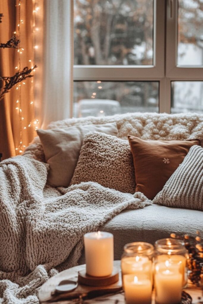 Cozy Hygge-Inspired Decor for Winter Cozy living room with candles, fluffy blankets, and warm lighting by a window, creating a snug winter ambiance. | Sky Rye Design Cozy living room with candles, fluffy blankets, and warm lighting by a window, creating a snug winter ambiance.