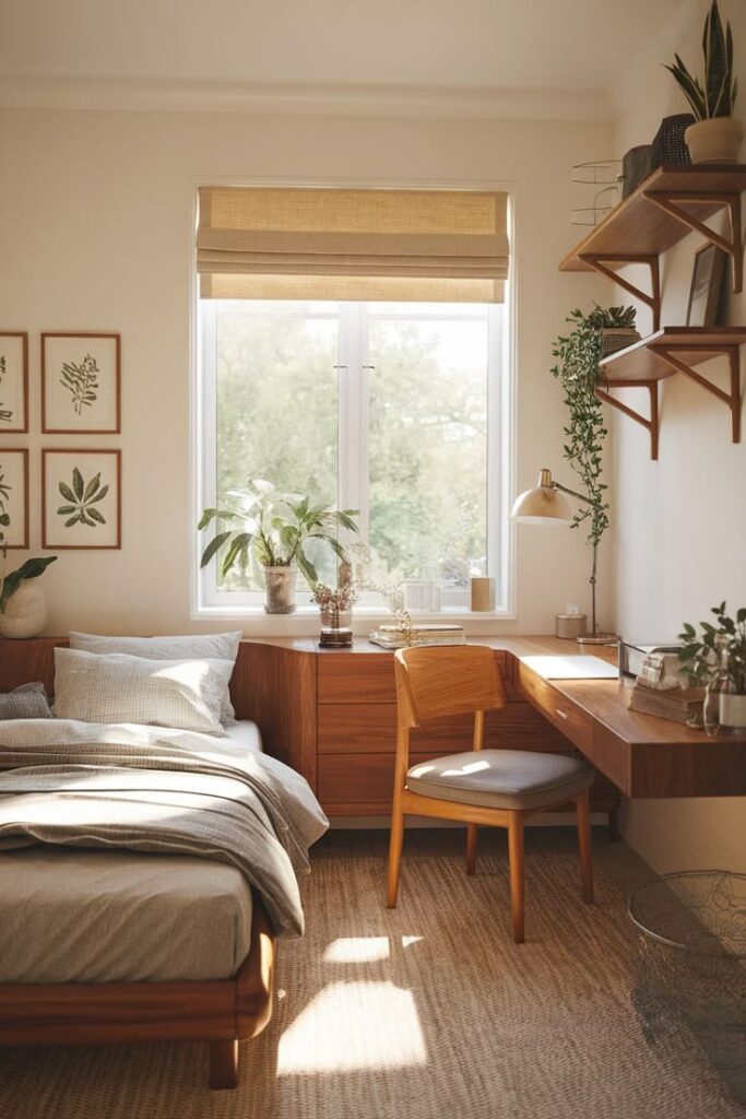 Cozy minimalist bedroom with wooden furniture, plants, and natural light from window. Scandinavian decor style.