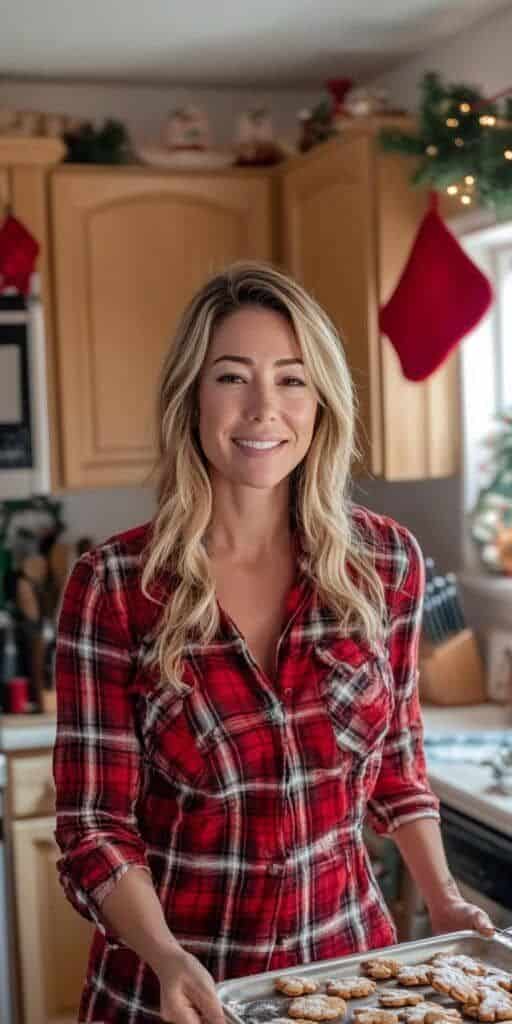 Cozy Plaid Shirts + 14 More Christmas Outfit Inspirations Woman in a festive kitchen holding a tray of freshly baked holiday cookies in a plaid shirt. | Sky Rye Design Woman in a festive kitchen holding a tray of freshly baked holiday cookies in a plaid shirt.